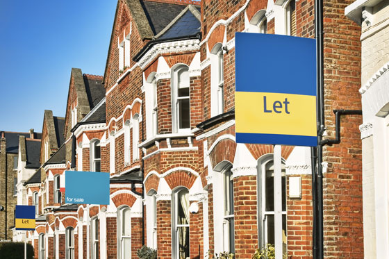 A row of terraced houses with Let signs attached to the façade.